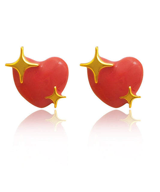 Red Patchwork Copper Heart Stud Earrings