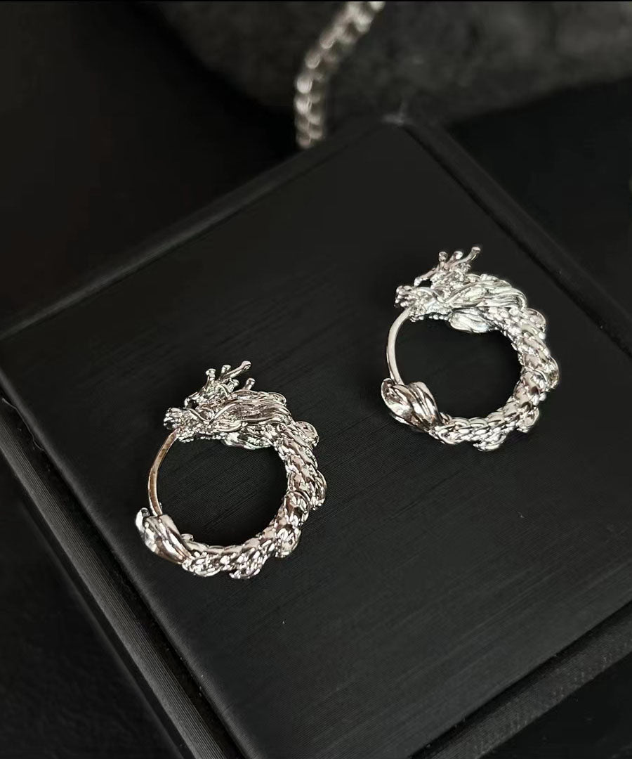 Silk Sterling Silver Dragon Shaped Circle Hoop Earrings