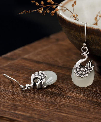 Sterling Silver Legendary Phoenix Jade Drop Earrings