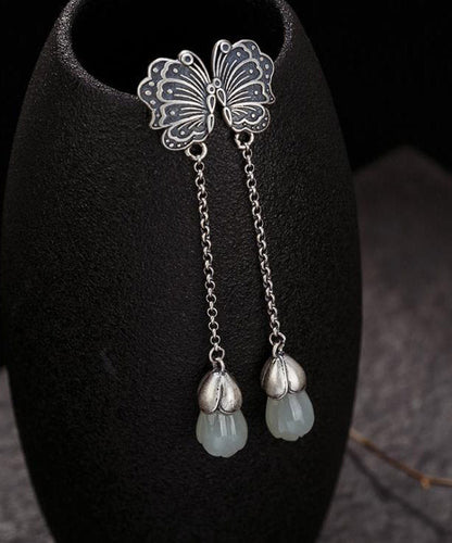 Sterling Silver Inlaid Jade Butterfly Drop Earrings