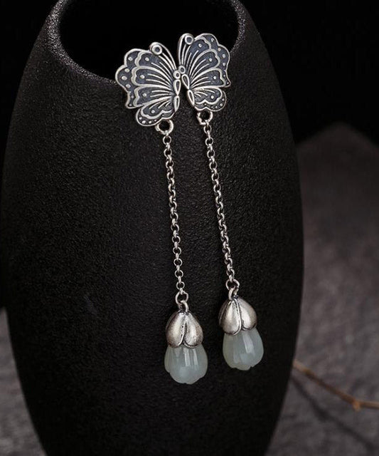 Sterling Silver Inlaid Jade Butterfly Drop Earrings