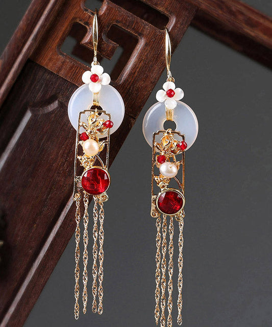 White Copper Jade Agate Pearl Tassel Drop Earrings