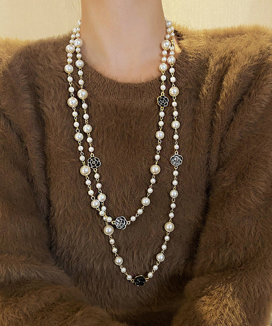 White Sterling Silver Alloy Pearl Camellia Gratuated Bead Necklace Po010