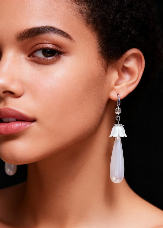 White Water Droplet Pearl Drop Earrings