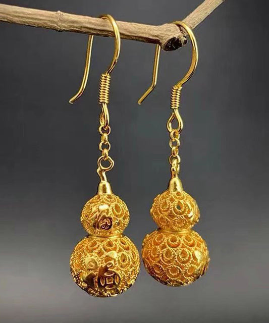 Yellow Copper Overgild Hollow Out Gourd Drop Earrings