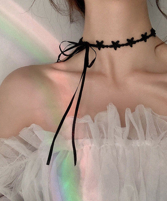 Boutique Black Lace Star Bow Tie Lace Pendant Necklace Yu006