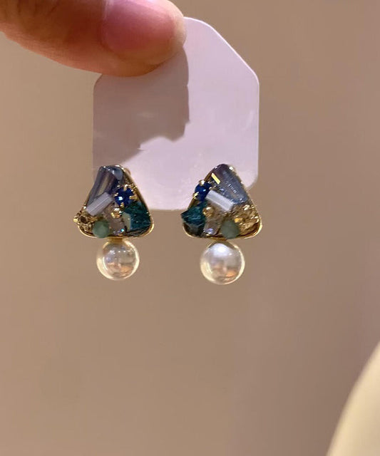 Boutique Blue Copper Alloy Triangle Pearl Stud Earrings