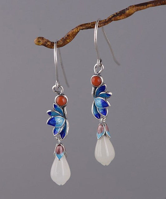 Boutique Blue Lotus Silver Jade Drop Earrings
