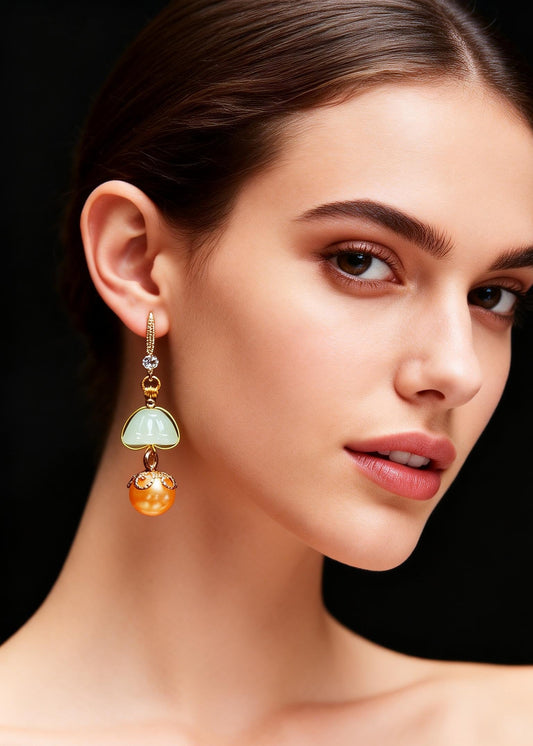 Boutique Champagne Pearl Lotus Seedpod Jade Drop Earrings