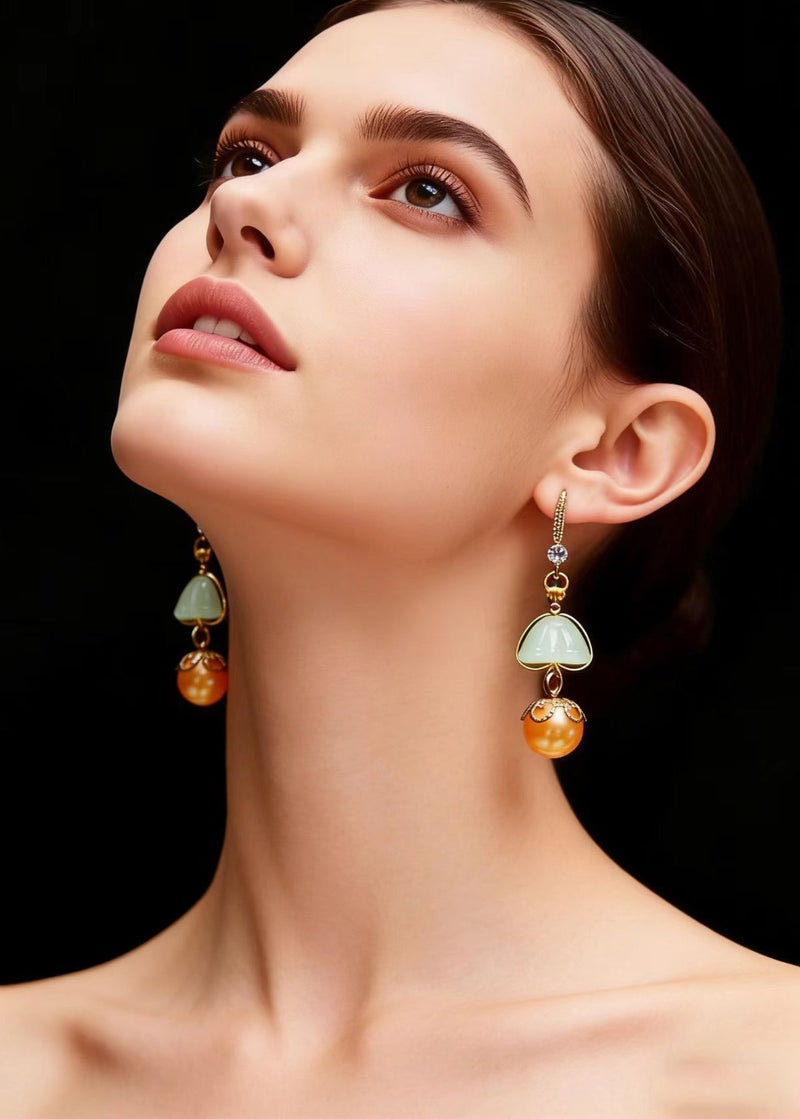 Boutique Champagne Pearl Lotus Seedpod Jade Drop Earrings