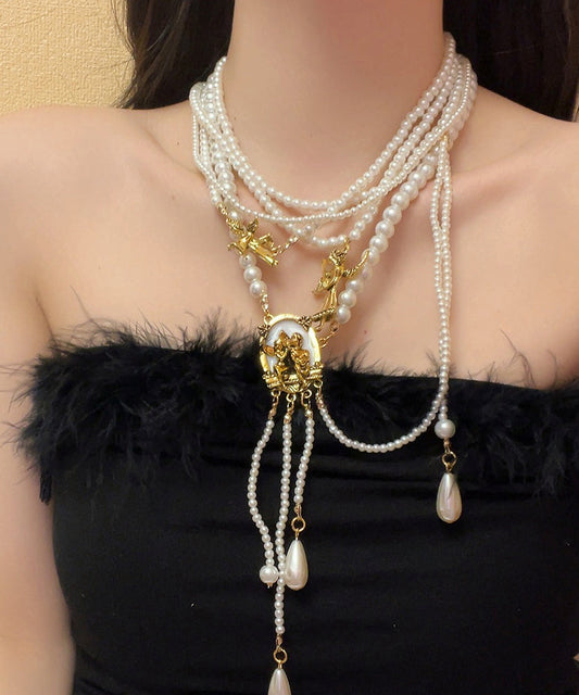 Boutique Gold Alloy Pearl Beading Tassel Pendant Necklace Ya033