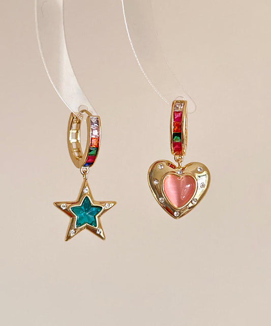 Boutique Gold Copper Alloy Zircon Asymmetrical Srar and Love Hoop Earrings