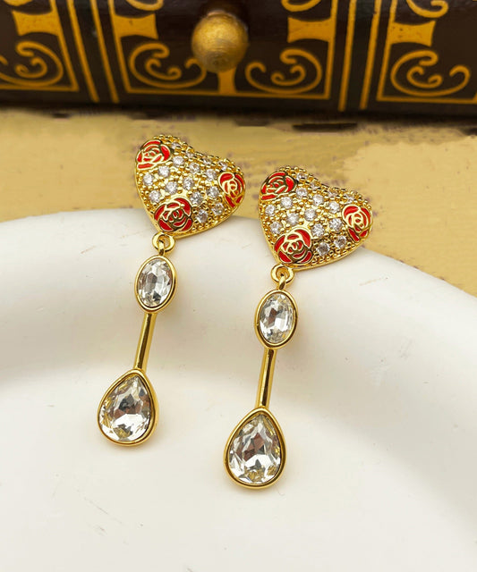Boutique Gold Copper Overgild Zircon Drop Glaze Love Glass Tassel Drop Earrings