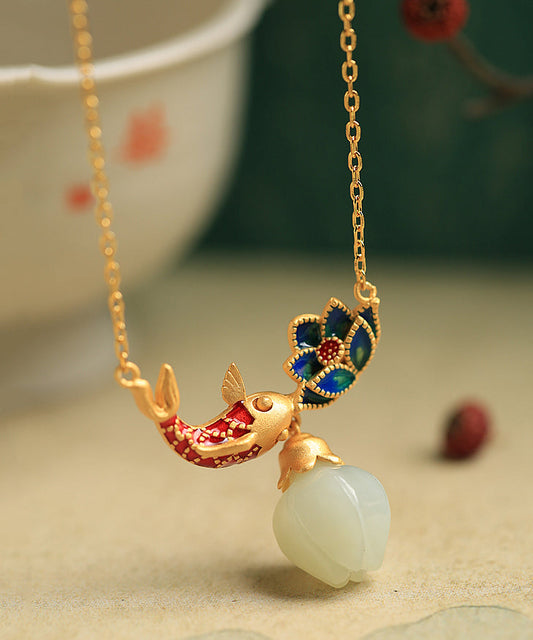 Boutique Gold Sterling Silver Ancient Gold Jade Lotus Enamel Pendant Necklace Po002