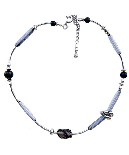 Boutique Grey Stainless Steel Black Agate Glass Pendant Necklace