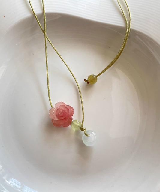 Boutique Pink Hand Woven Jade Lotus Pendant Necklace Gh1084