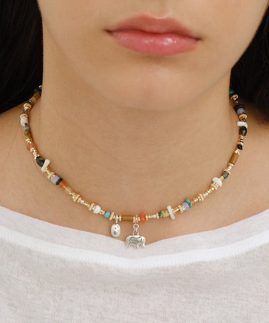 Boutique Rainbow Copper Overgild Turquoise Agate Beading Little Elephant Gratuated Bead Necklace Qj005