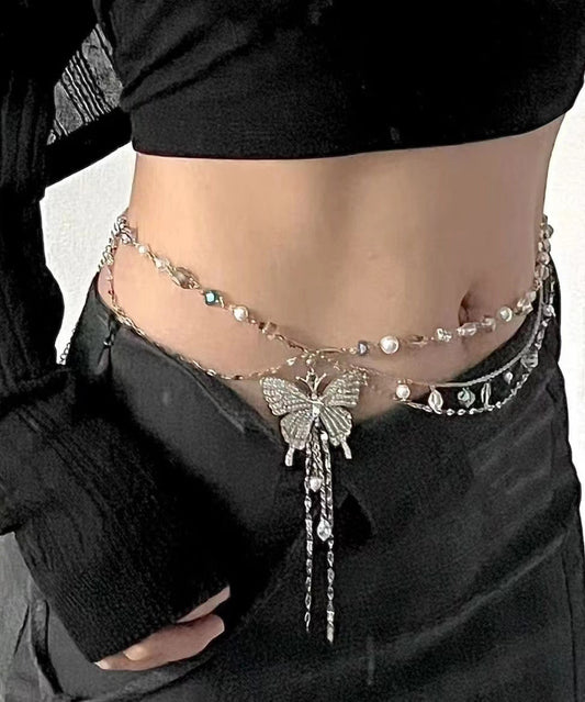 Boutique Silk Metal Butterfly Pearl Multilayer Tassel Lariat Necklace Zz066