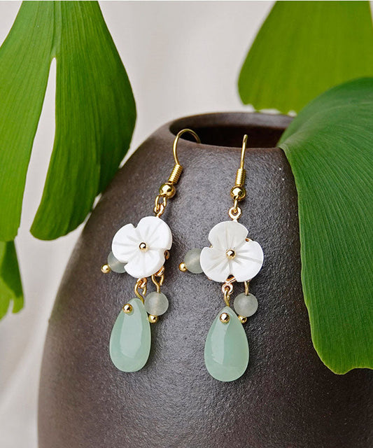 Boutique White Flower Jade 14k Gold Drop Earrings