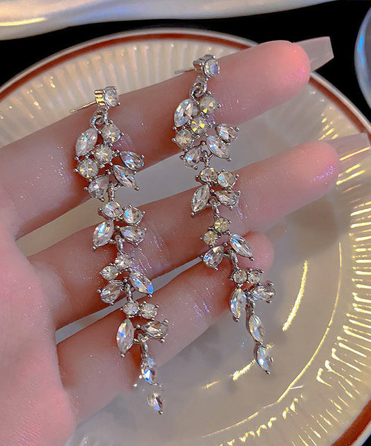 Brief Silk Sterling Silver Zircon Leaves Tassel Drop Earrings