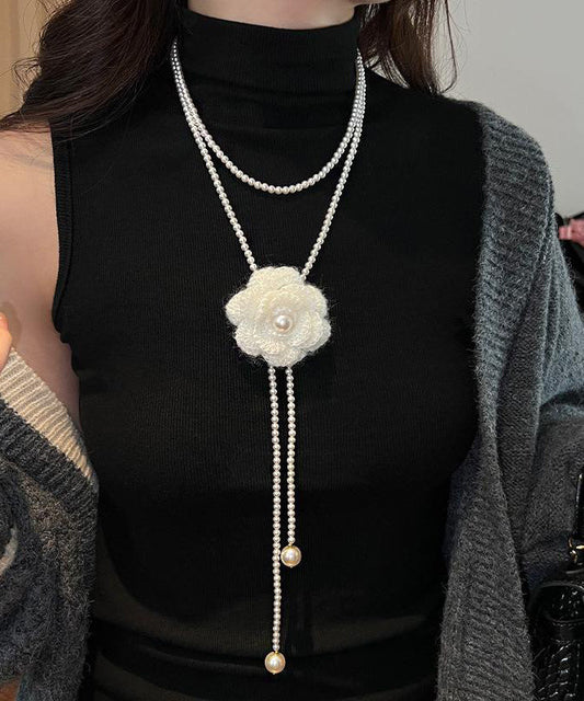 Brief White Alloy Camellia Pearl Beading Double Layered Pendant Necklace Yu023