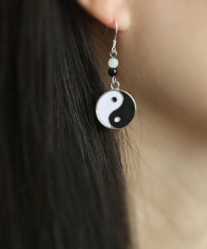 Black and White Sterling Silver Jade Tai Chi Circular Drop Earrings