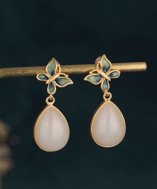Blue Ancient Gold Inlaid Jade Butterfly Water Drop Drop Earrings