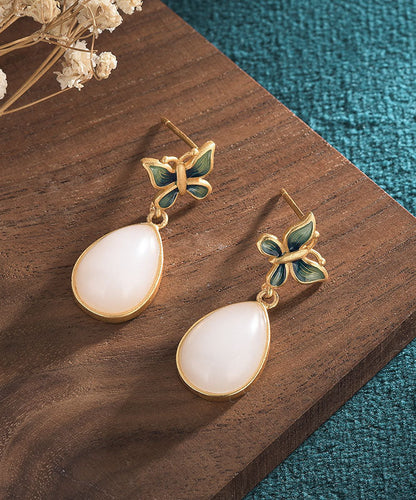 Blue Ancient Gold Inlaid Jade Butterfly Water Drop Drop Earrings