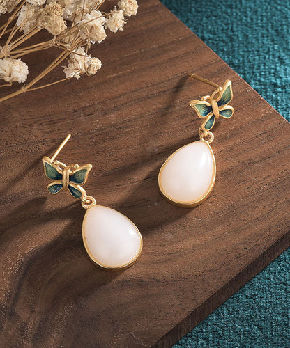 Blue Ancient Gold Inlaid Jade Butterfly Water Drop Drop Earrings