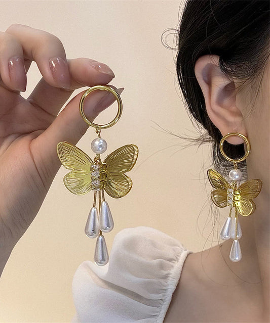 Gold Copper Zircon Pearl Butterfly Hollow Out Water Drop Drop Earrings