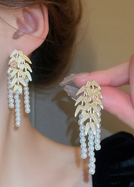 Gold Overgild Butterfly Pearl Leaf Tassel Drop Earrings