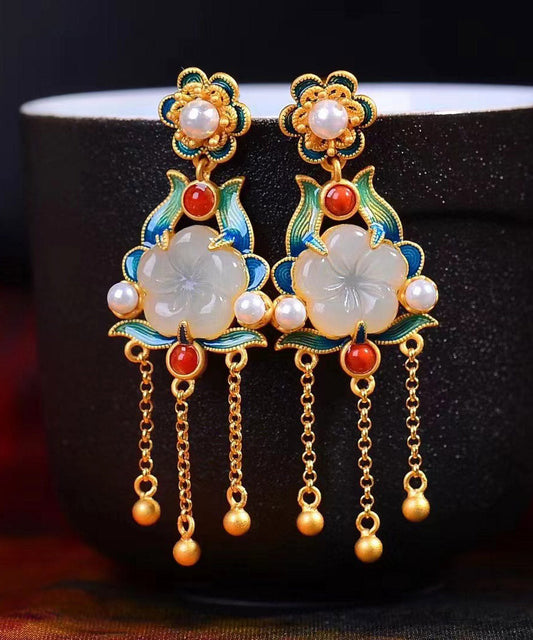 Gold Sterling Silver Inlaid Jade Cloisonne Drop Earrings