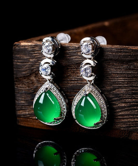 Green Sterling Silver Inlaid Zircon Chalcedony Water Drop Drop Earrings