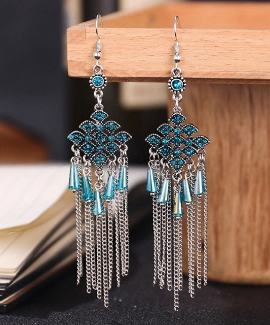 Lake Blue Stainless Steel Zircon Tassel Drop Earrings