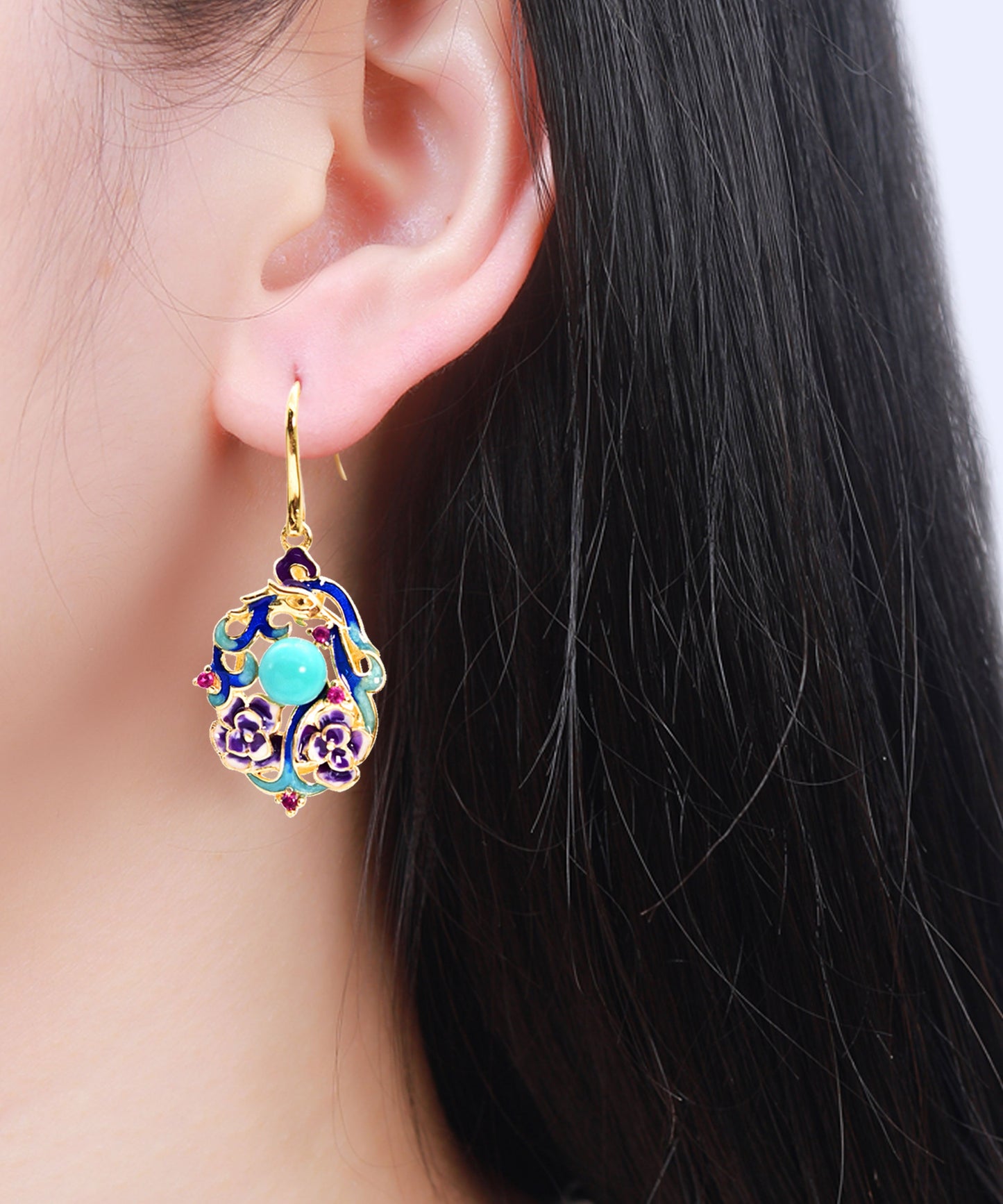 Light Green Sterling Silver Overgild Cloisonne Turquoise Drop Earrings