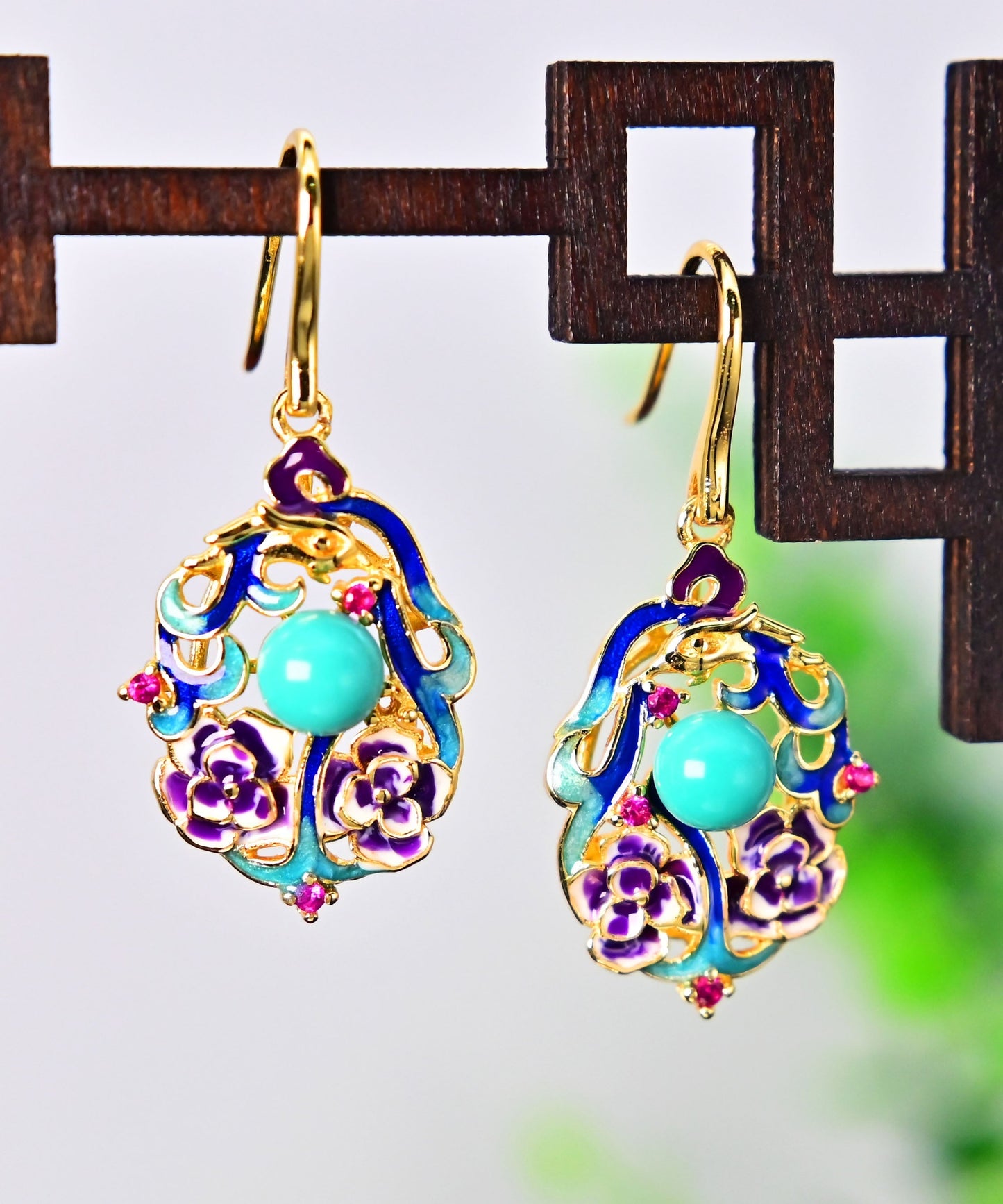 Light Green Sterling Silver Overgild Cloisonne Turquoise Drop Earrings