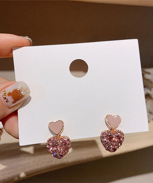Pink Alloy Inlaid Gem Stone Zircon Love Stud Earrings