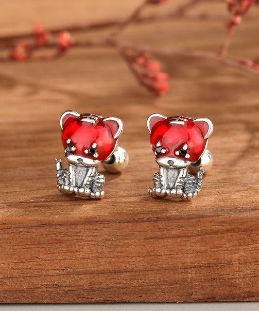Red Little Tiger Shape Silver Stud Earrings