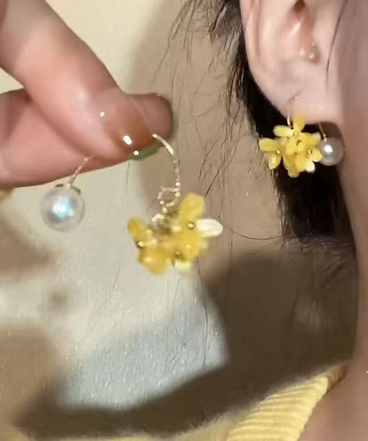 Yellow Copper Alloy Acrylic Pearl Osmanthus Hoop Earrings