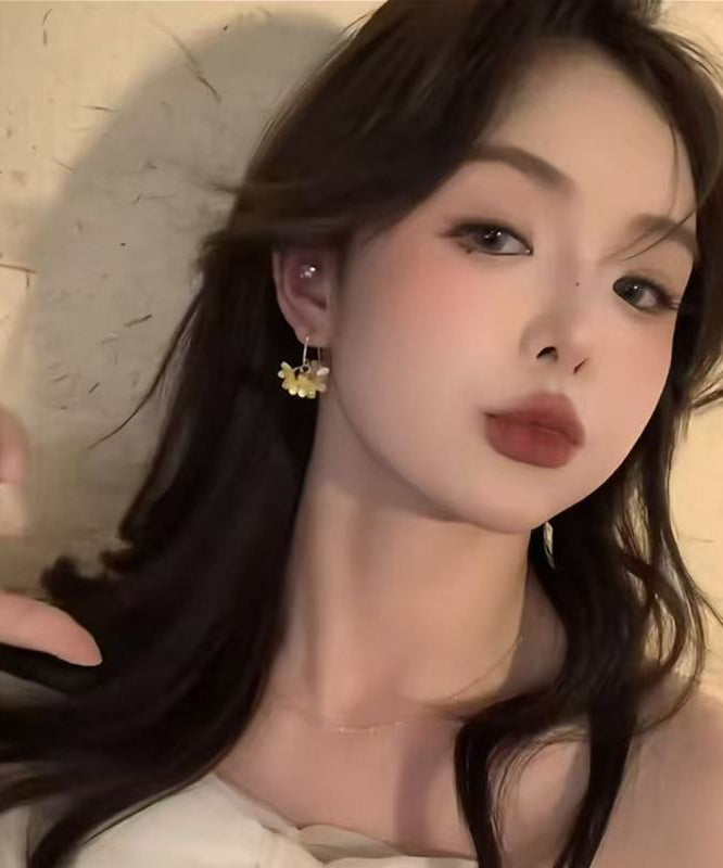 Yellow Copper Alloy Acrylic Pearl Osmanthus Hoop Earrings