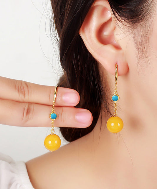 Yellow Sterling Silver Inlaid Beeswax Turquoise Drop Earrings