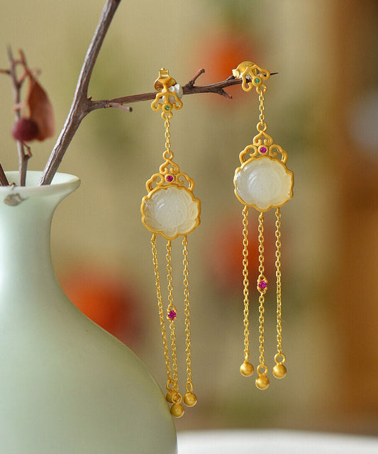 Yellow Sterling Silver Jade Tassel Drop Earrings