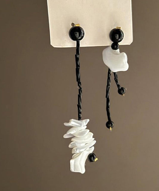 Black Alloy Shell Asymmetrical Tassel Drop Earrings
