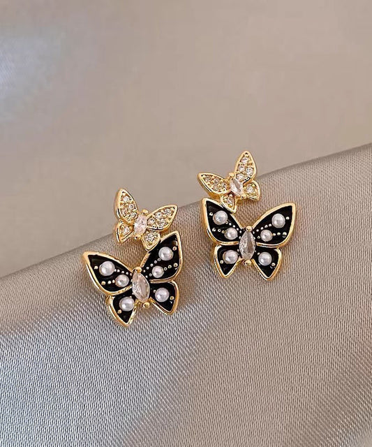 Black Copper Alloy Zircon Drip Glaze Pearl Glass Stud Earrings