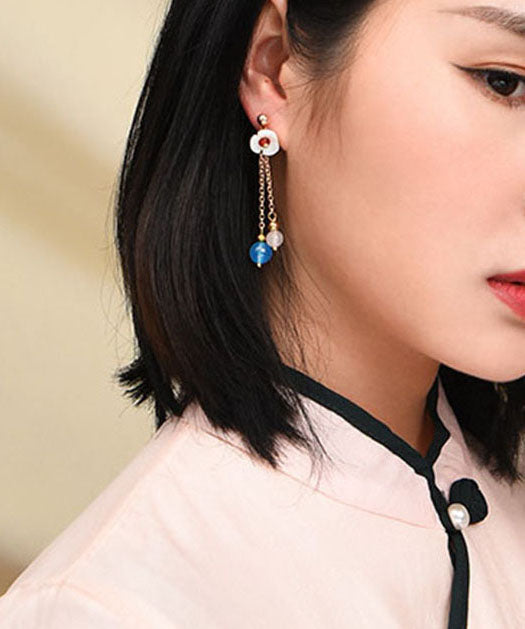 Blue Agate Shellfish Flower Tassel 14k Gold Drop Earrings