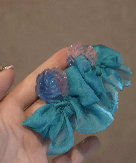 Blue Chiffon Patchwork Resin Bow Hoop Earrings