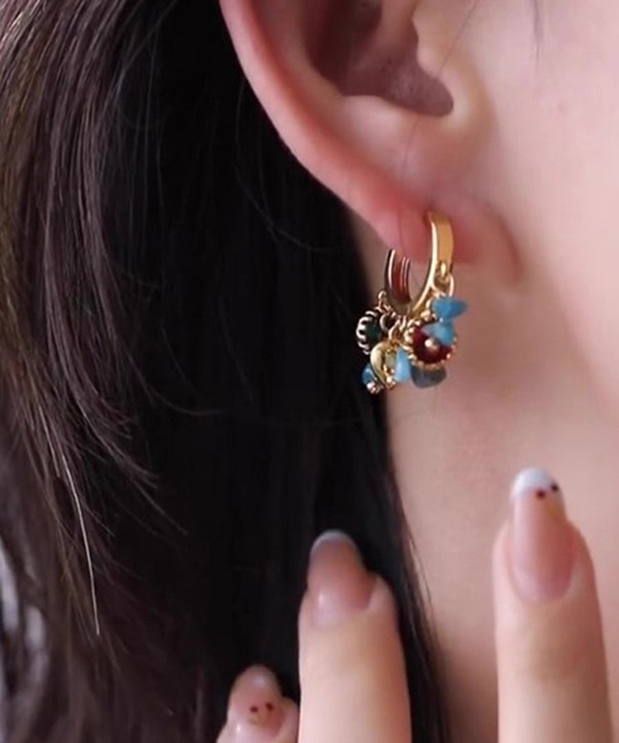 Blue Copper Overgild Asymmetrical Natural Stone Hoop Earrings
