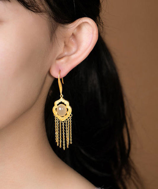 Cyan Inlaid Hetian Jade Gold Plated Drop Earrings