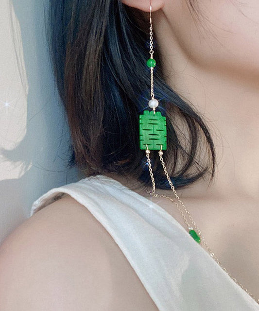 Dry Green Jade Overgild Jade Pearl Tasserl Drop Earrings