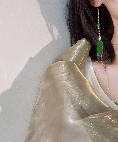 Dry Green Jade Overgild Jade Pearl Tasserl Drop Earrings